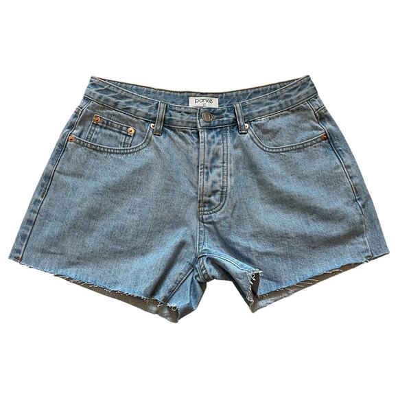 Parke Button Fly Mid Rise Raw Hem Cut Off Denim Shorts Blue Light Wash Size 27 - Picture 2 of 8